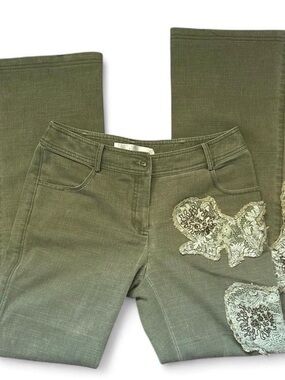 Ada Olive Green Wide Leg Jeans with Lace Appliqué